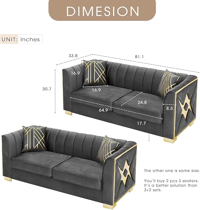 KEIKI 2-Piece Luxury Chesterfield Sofa Set with 2 Oversized Velvet 3-Seater Sofa, Upholstered Modern 6-Seater Button Tufted Couch Set with 4 Pillow, Gold Stainless Decoration, for Living Room, Gray