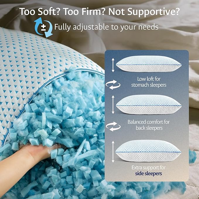 Adjustable Cooling Gel Memory Foam Pillows Queen Size for Sleeping 1 Pack,Thick Firm Bamboo Rayon Shredded Bed Pillow for Side,Back,Stomach Sleepers Washable Breathable Pillowcase,Gifts College Dorm