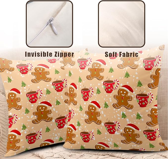 Christmas Orange Gingerbread Man Throw Pillow Cover Xmas Trees Candy Cane Hot Cocoa Snowflake Pillow Case Covers 22x22 In Christmas Cute Celebration Graphic Cushion Cover for Home Couch Sofa, 2 Pack