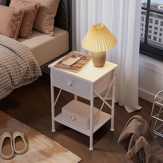 VECELO Nightstand, X-Design End Side Table with Fabric Storage Drawer and Open Shelf, Bedside Night Stand with Steel Frame for Bedroom, Living Room,Dorm, Easy Assembly, White