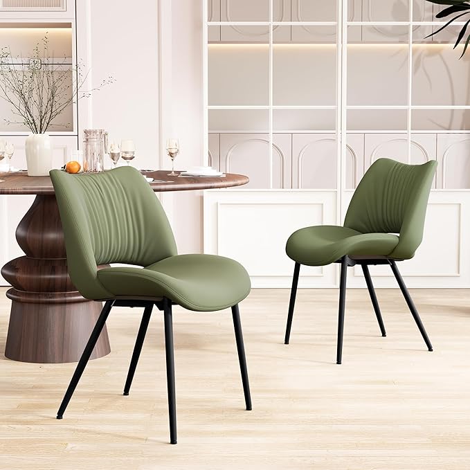 Rowill Olive Green Dining Chairs Set of 2, Upholstered Dining Room Chairs with Hollow Back, Faux Leather Kitchen Chairs for Dining, Mid Century Modern Dining Chair with Curved Seat
