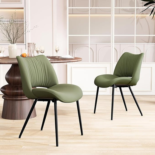 Rowill Olive Green Dining Chairs Set of 2, Upholstered Dining Room Chairs with Hollow Back, Faux Leather Kitchen Chairs for Dining, Mid Century Modern Dining Chair with Curved Seat