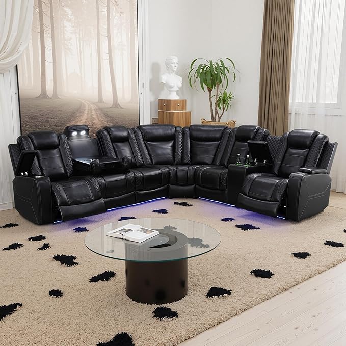 Power Recliner Sectional Sofa with LED Light, Breathing Leather Recliner Sofa Couch with Storage/Cup Holder for Living Room Home Office Theater(Black-PRO)