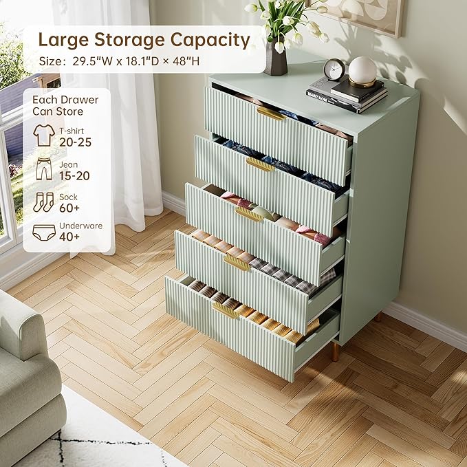 IDEALHOUSE Green Dresser, Modern 5 Drawer Dresser for Bedroom with Gold Handle and Large Drawer, Wood Double Chest of Drawers and Storage Organizer for Living Room, Hallway, Entryway