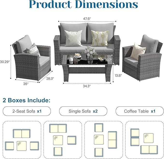 4 Piece Patio Furniture Sets, All-Weather Wicker Conversation Sets, Outdoor Rattan Sectional Sofa Chair with Cushions and Coffee Table for Balcony, Garden, Backyard,Grey/Light Grey