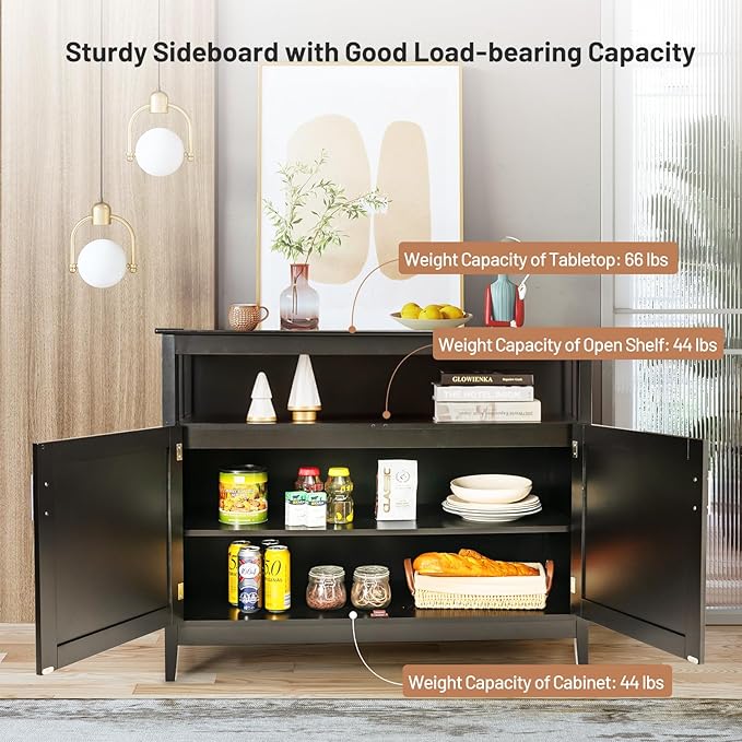 NAFORT Farmhouse Sideboard, Freestanding Buffet Cabinet with Removable Shelf, Anti-Tip Devices, Magnetic Catch, Wood Legs & Adjustable Foot Pads, Large Storage Coffee Bar for Household, Black