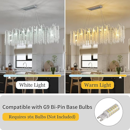 Modern Crystal Tree Branch Chandelier, Chrome Linear Rectangle Art Deco Raindrop Lighting Fixture for Dining Room Living Room Kitchen Island 16 Lights L59''
