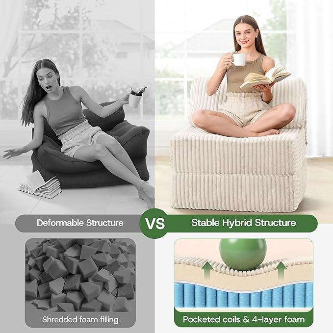 4-in-1 Folding Sofa Bed Convertible Chair Couch Foldable Chaise Lounger & Mattress Pocket Coils+Foam Fill, Portable No Assembly Boneless Floor Futon for Living Room/Bedroom, Beige Single