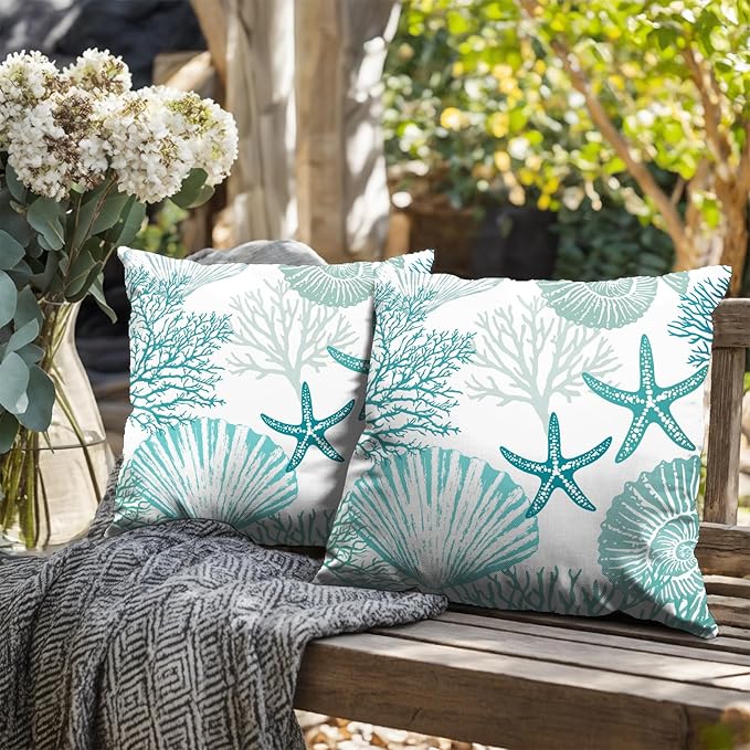 Nautical Coastal Blue Throw Pillow Covers 20x20 Set of 2 Summer Turquoise Teal Beach Outdoor Pillow Cover Coral Seashell Starfish Ocean Decorative Pillow Cases for Living Room Couch Sofa