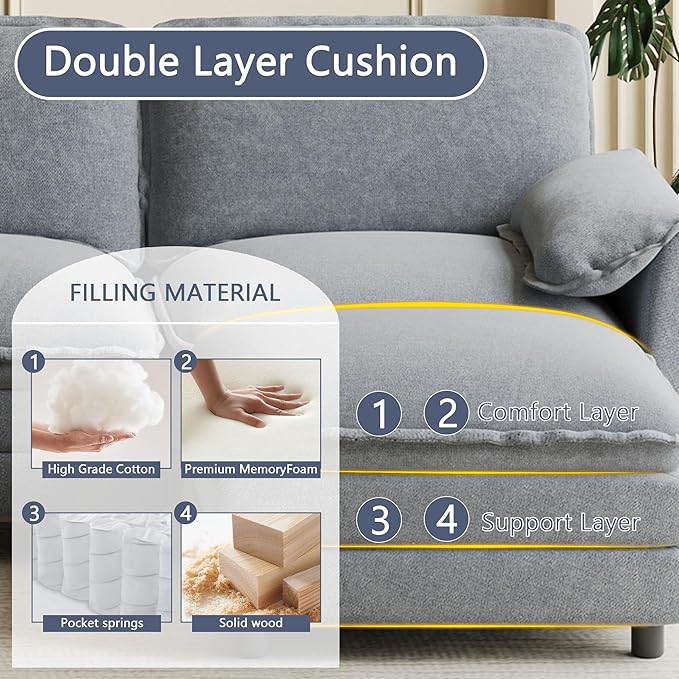150" U Shaped Cloud Couch Sectionals Comfy Grey Sectional Couches for Living Room Modern Fluffy Oversized Modular Sofas, Chenille Large Big 6 Seat Sofa Set