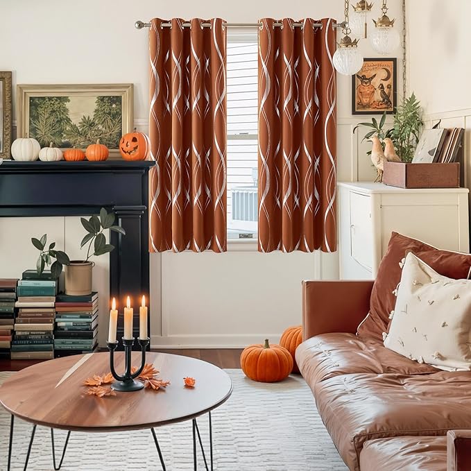 NICETOWN Burnt Orange Fall Blackout Curtain Panels for Cafe, W52 x L63 inch, Thermal Insulated Wave Line Foil Printed Design Drapes for Glass Window, 2 Panels