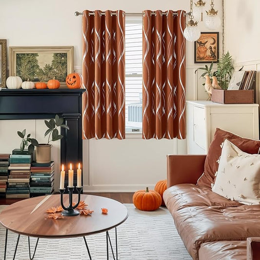 NICETOWN Burnt Orange Fall Blackout Curtain Panels for Cafe, W52 x L63 inch, Thermal Insulated Wave Line Foil Printed Design Drapes for Glass Window, 2 Panels