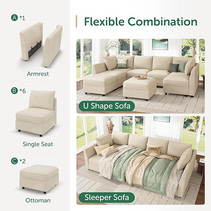 HONBAY Modular Sectional Sofa Couch with Storage, Modern U Shaped Sectional Sofa, Convertible Couches for Living Room - Beige