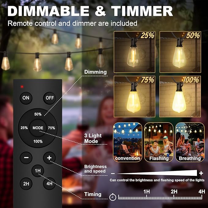 50FT Outdoor String Lights - 32+3 Bulbs (𝟏.𝟓𝐅𝐓 𝐁𝐮𝐥𝐛𝐬 𝐒𝐩𝐚𝐜𝐢𝐧𝐠) | Remote & Dimmer, 3 Light Modes & Timing, IP65 Waterproof, 50PC Mounting Ties for Patio/Outside/Commercial