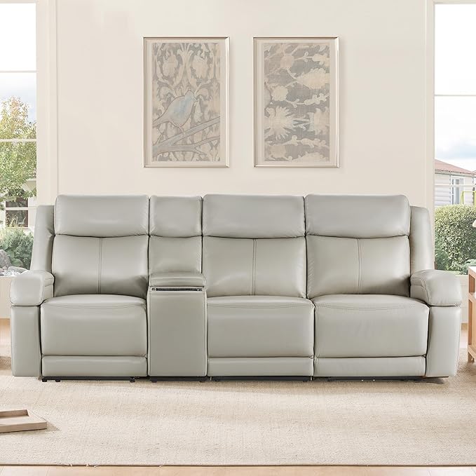 Watson & Whitely Genuine Leather Power Recliner Sofa, 3 Seater Wall Hugger Reclining Sofas with Storage Console, Power Headrest, USB, Electric Recliner Couch Set for Living Room, Grey