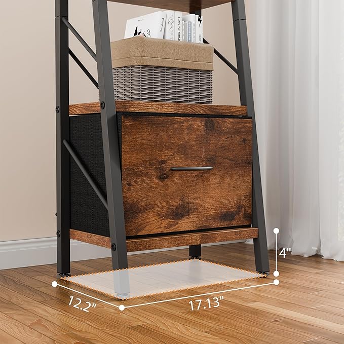 Shintenchi 5 Tier Ladder Bookshelf with Drawer, Tall Modern Corner Bookshelves, Narrow Book Shelf with Storage for CDs/Books/Movies, Bookcase for Room/Home/Office, Rustic Brown