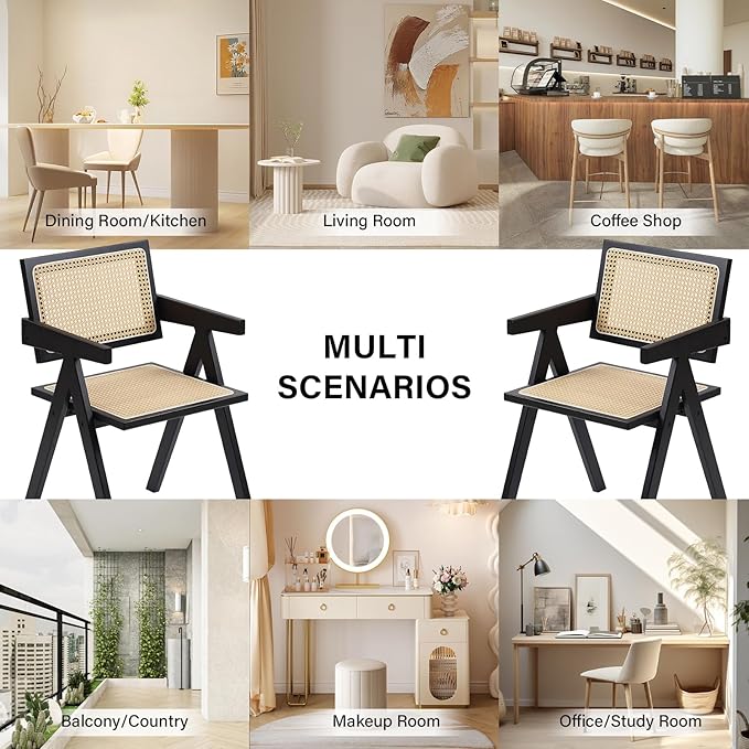 Rattan Dining Chairs Set of 2, Modern Mid Century Dining Chairs with Arms, Outdoor Bamboo Chairs for Bedroom, Living Room, Reading Room, Black