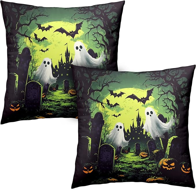 2 Pack Halloween Pillow Covers 24x24 Graveyard Ghost Throw Pillow Covers Horror Spooky Green Full Moon Night Pillow Case Bat Pumpkin Cushion Case for Holiday Party Decor Couch Sofa