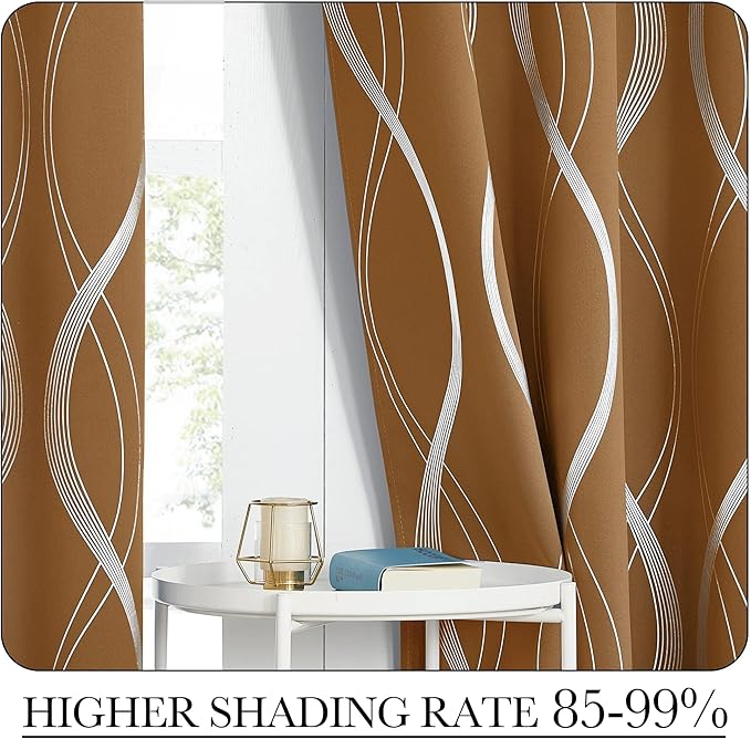 NICETOWN Gold Brown Blackout Fall Pattern Curtains for Living Room 84 inch Long, 52” Wide - Light Reducing Thermal Insulated Foil Printed Grommet Drapes for Bedroom and Nursery, 2 Panels