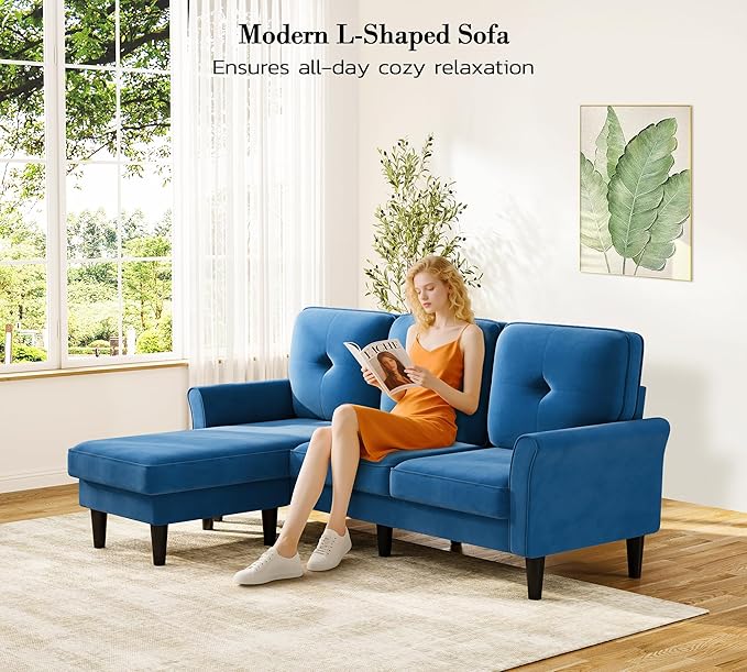 Kidirect 83" Sectional Couch, Velvet L-Shaped Couch 3 Seater Sectional Couches for Living Room, Comfy Fluffy Deep Seat Loveseat, Modular Sectional Sofa with Ottoman for Apartment Office, Blue Couch