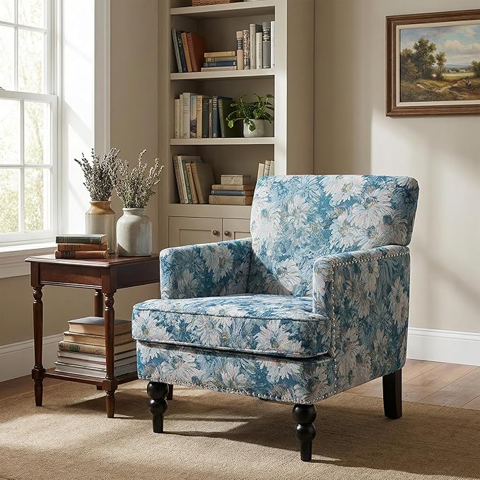 Christopher Knight Home Eve Modern Upholstered Club Chair, Wooden Living Room Accent Chair, Bedroom Comfy Reading Chair, Multifunctional Armchair, Blue Floral