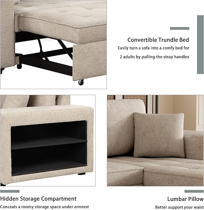 Merax 3 Seat Reversible Sectional Couch, Modern L-Shape Pull Out Sleeper Sofa with Storage Chaise and 2 Stools for Living Room Furniture Set, Cream