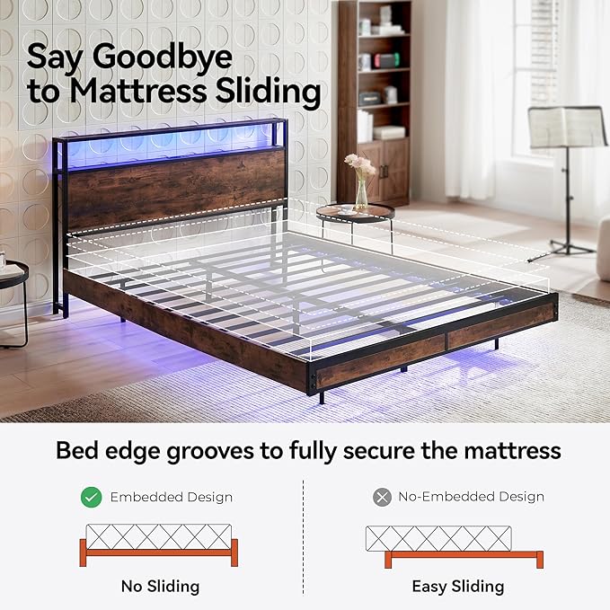 BedsPick Queen Bed Frame with 2-Tier Storage Headboard, Metal Platform Queen Size Bed Frame with Smart LED Lights & USB Charging Station, Noise-Free/Metal Support/No Box Spring Needed, Brown