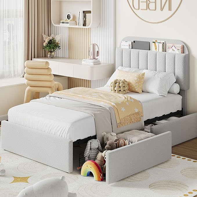 IDEALHOUSE Twin Bed Frame for Kids, Boucle Upholstered Platform Bed for Boys/Girls with 2 Flexible Drawers, Bookcase Headboard, Noise-Free, Easy Assembly, No Box Spring Needed, Gray
