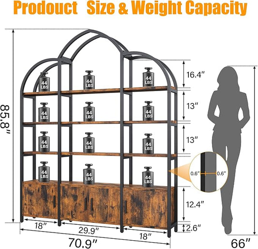 86" Triple Wide Bookshelf and Bookcase with 3 Cabinets, Tall Arched 5 Tier Industrial Etagere Open Bookshelves, Wood Book Shelf for Bedroom Living Room (Vintage Brown)