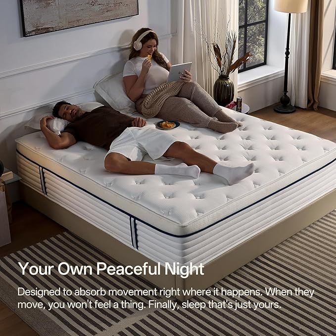 Queen Mattress 12 Inch,Medium Plush Hybrid with Memory Foam& Individually Wrapped Pocket Coils for Support,CertiPUR-US Certified,Fiberglass-Free