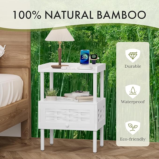 Amazer Bamboo Nightstand with Charging Station, Bedside Table with USB Ports & Outlets, End Table, Night Stand for Bedroom Lift-Up Drawer & Open Shelf, White