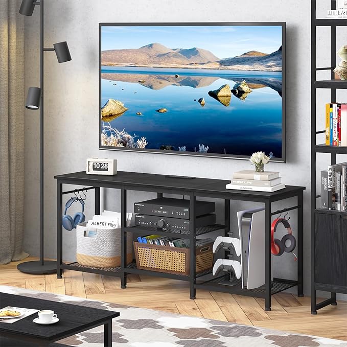 YGEOMER Entertainment Center for Up to 55 Inch TVs, TV Stand with Power Outlet and Open Storage Shelves, TV Media Console Table for Living Room and Bedroom, Black