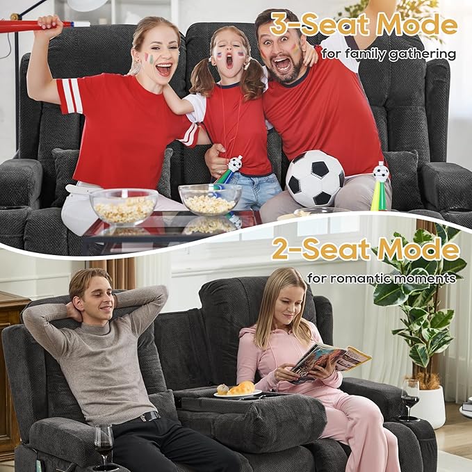 IPKIG Power Recliner Sofa with Flip-Up Backrest Console, USB & USB-C Ports, AC Outlet, LED Lights, Wall Hugger Recliners for Living Room, RV (Charcoal, 67" - 3 Seat) | Velvet Fabric, Zero Gravity, Dual Reclining, 2 Lumabr Pillow, Bluetooth Speakers