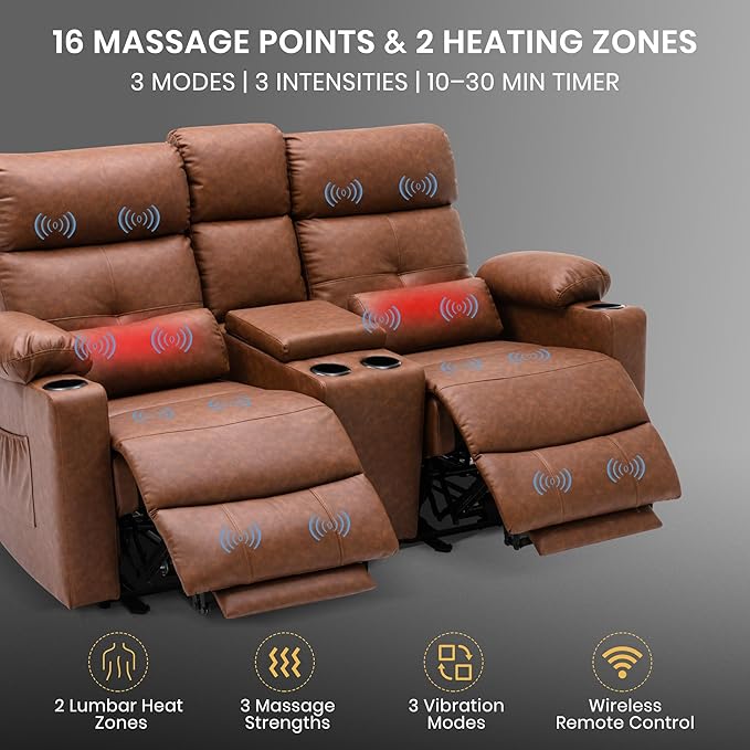 GUEAPY 68" Power Reclining Loveseat with Heat & Massage, Wall Hugger Double Reclining Sofa with Console, Cup Holders & Storage, Power Reclining Couch for Camper, Trailer, RV, Home Theater Living Room
