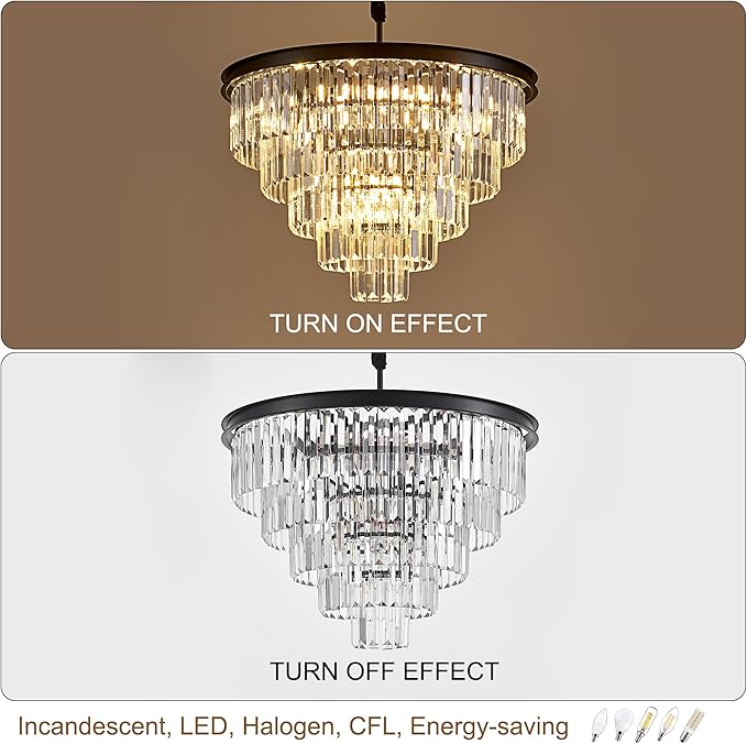23.23" Black Crystal Chandelier 12-Light Modern Crystal Pendant Ceiling Light Fixture 5-Tier Luxury K9 Crystal Chandeliers,for Dining Room Kitchen Island Living Room Bedroom