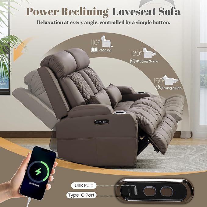 Zero Wall Hugger Power Reclining Loveseat with Adjustable Headrest, Power Loveseat Recliner Sofa with USB&Type-C Ports, Wall Hugger Reclining Loveseat for Living Room (PU Brown, 2 Seater) | Cat-Proof Leather