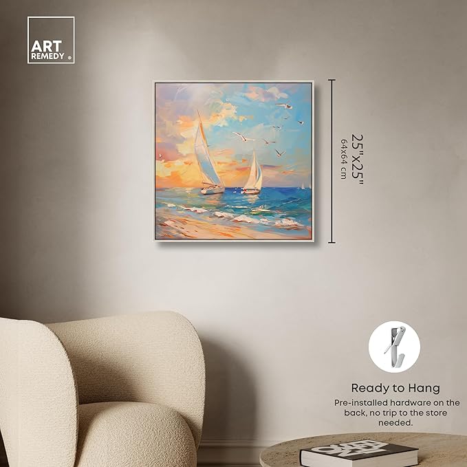 Art Remedy Sailboats In The Sunset Chic Coastal Canvas Wall Art, Silver Floater Frame, 24"x24"