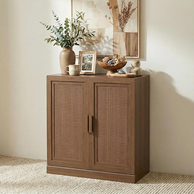 Casaphoria Adam Sideboard Buffet Cabinet with Storage, Sideboard Cabinet with Rattan Doors & Adjustable Shelves, 31" W x 36" H Coffee Bar for Entryway Kitchen Living Room, Walnut