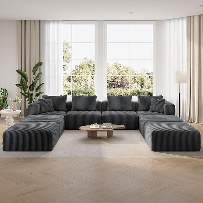 Novilla 141" Modular Sectional Sofa, Modern Cloud Sectional Couch with Smarts Coil® Support, U-Shape Boneless Couch for Living Room Apartments, No Assembly Required, Dark Gray (4 Seat w/ 4 Ottoman)