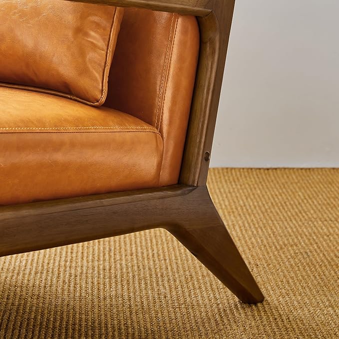 Glitzhome 30" H Mid Century Yellowish Brown Accent Armchair, Single Reading Sofa, PU Leather Lounge Chair with Walnut Ruberwood Frame for Livingroom or Office