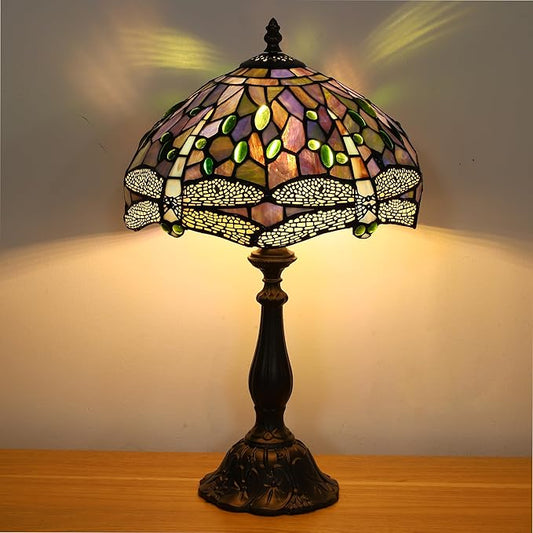 Tiffany Table Lamp Blue Dragonfly Stained Glass Table Lamps for Bedroom 12X12X19Inch 3 Way Color Temperatures Bedside Nightstand Home Office Desk Lamp Reading Lights with E26 LED Bulb