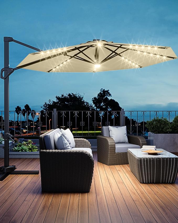 GarveeLife 10FT Patio Umbrella Outdoor Solar LED Large Cantilever Umbrella Market Sun Shade Windproof Offset Umbrella with 360-Degree Rotation for Garden Deck Pool Patio, Tan