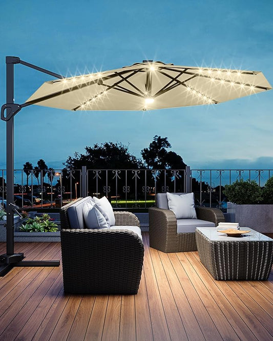 GarveeLife 10FT Patio Umbrella Outdoor Solar LED Large Cantilever Umbrella Market Sun Shade Windproof Offset Umbrella with 360-Degree Rotation for Garden Deck Pool Patio, Tan