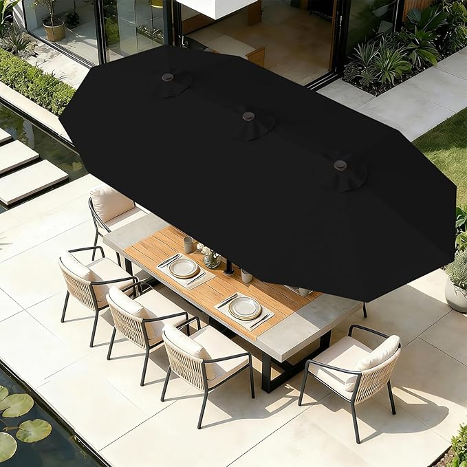 AreShark 15FT Outdoor Patio Umbrella with Crank, Large Rectangular Market Umbrella, Double-Sided Outdoor Umbrellas with Cross Base & Sandbag for Porch, Lawn, Pool, Backyard, Black
