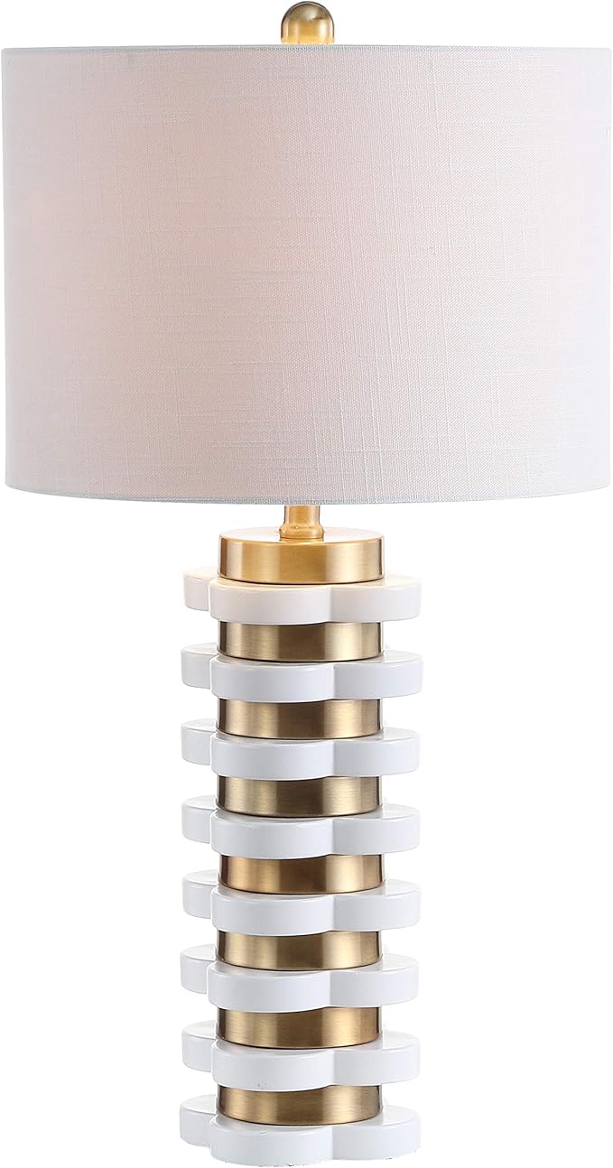 JONATHAN Y 26.5" Brass Gold Quatrefoil Striped Resin LED Table Lamp, Contemporary Glam Bedside Lamp for Living Room Bedroom, White Linen Drum Shade, LED Bulb Included JYL1010A