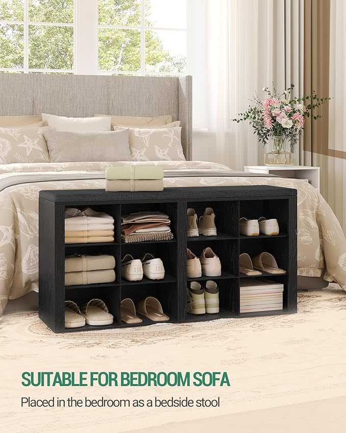 Shoe Bench with Cushion, Entryway Storage Bench with 12 Cubbies, Cubby Shoe Rack with Adjustable Shelves, Shoe Organizer Cabinet for Living Room, Bedroom, Entryway, Black SB19004GY