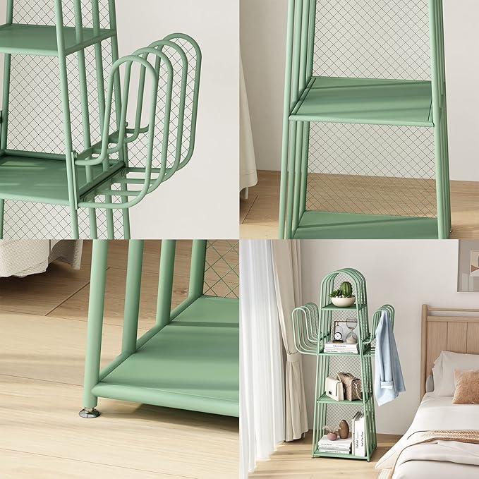 DOORXIF 4-Tier Ladder Green Bookshelves Freestanding, Cactus Bookcase Storage Organizer Closet Corner Metal Display Cabinet, Corner Bookshelf for Small Spaces, Green Bookcase for Bedroom Office