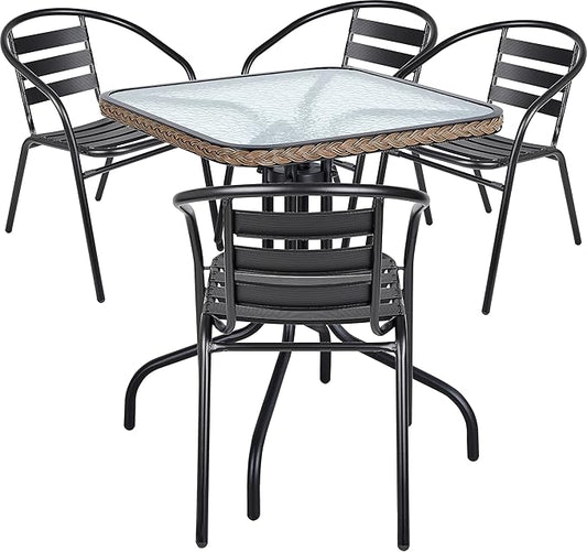 BTEXPERT Indoor Outdoor 28" Tempered Glass Trim Restaurant Aluminum Slat Stack Lightweight, 4 Metal Chairs with a Square Rattan Table, Black/Brown