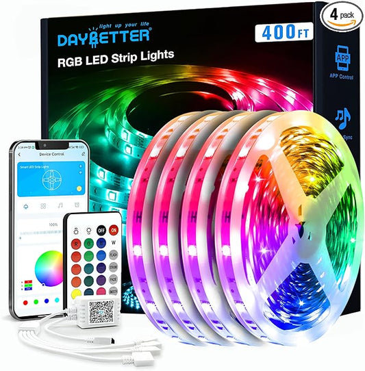 DAYBETTER LED Strip Lights 400 ft, Smart Light with App Remote Control, RGB LED Lights for Bedroom, Music Sync Color Changing for Room Home Decor Party Festival Halloween, Christmas (4 Rolls)