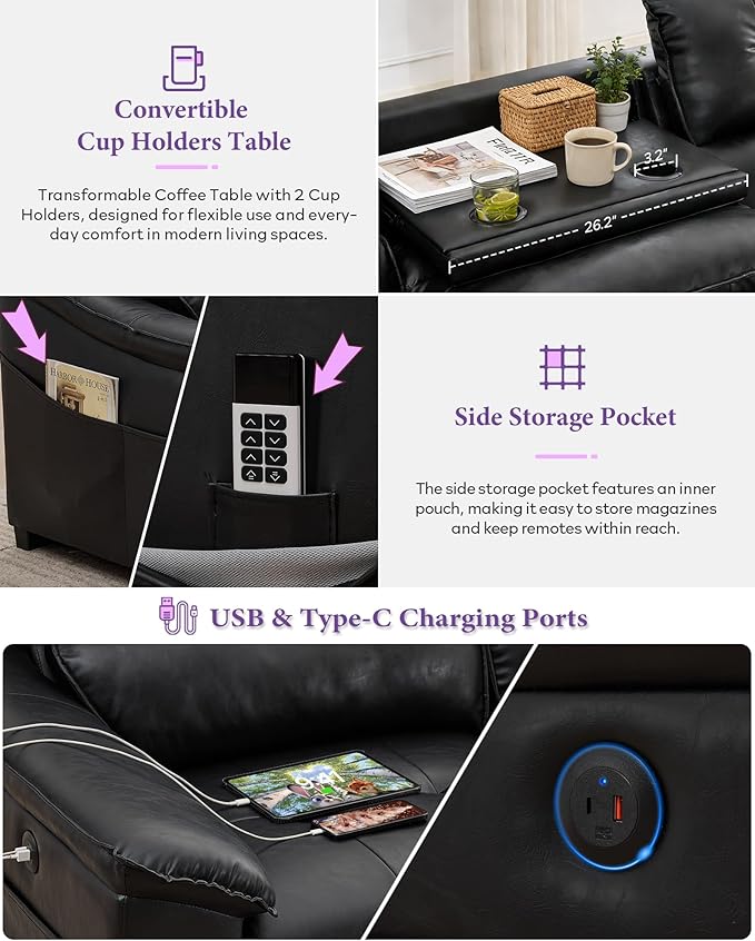TYBOATLE Electric Reclining Sectional Couch, Power Recliner Sofa w/USB & Type-C Charging Ports and Cup Holders, Leather Reclining Sofa for Living Room, Home Theater